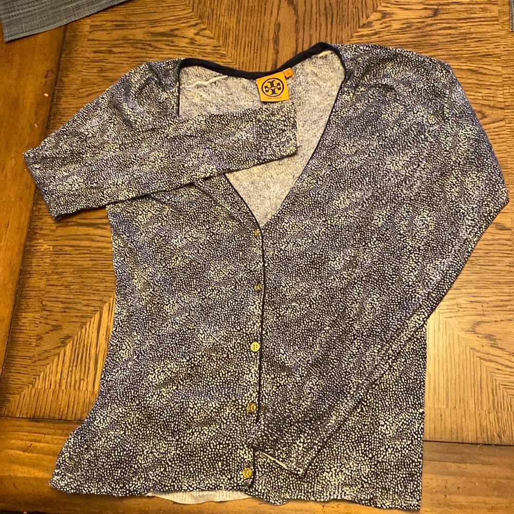 Like New Tory BurchSilk/Cashmere  Navy Dot Cardigan Sz XL